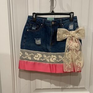 Judith March Denim Skirt with Pink and Cream Details